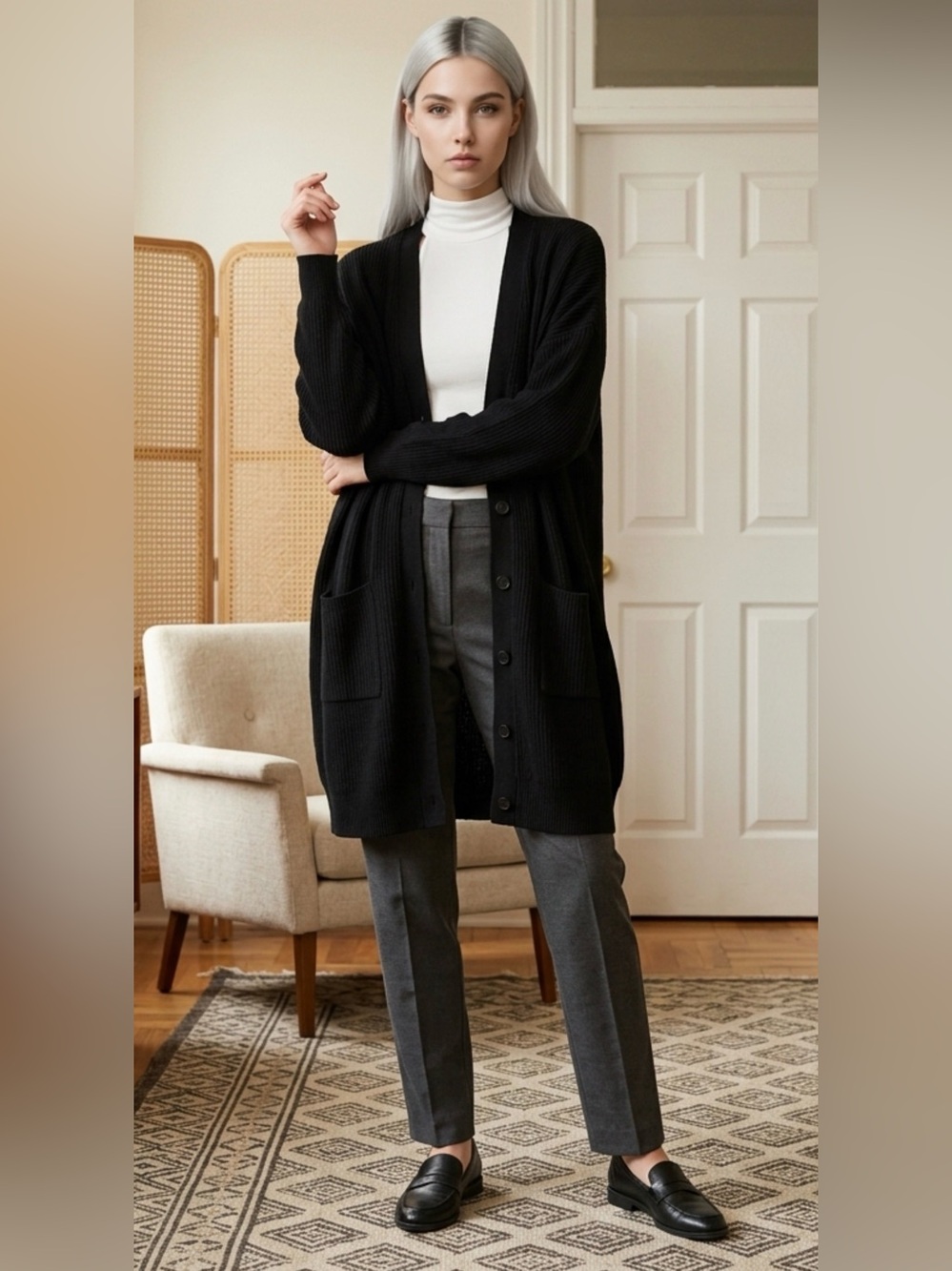 Eskandar Merino V-Neck  Long Cardigan Black Butto